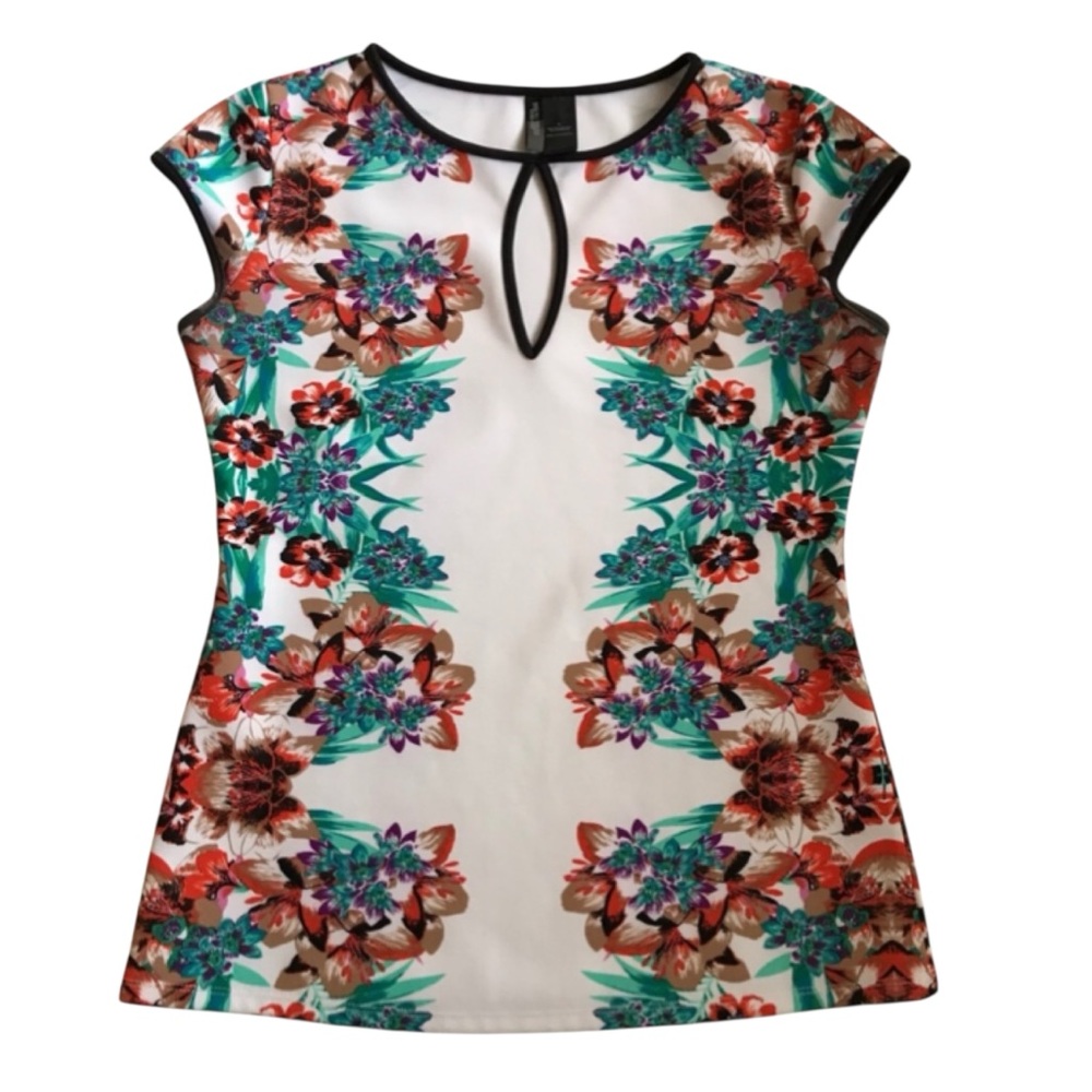 Bisou Bisou Asian-Inspired Floral Print Cap Sleeve Top Chic & Elegant Medium